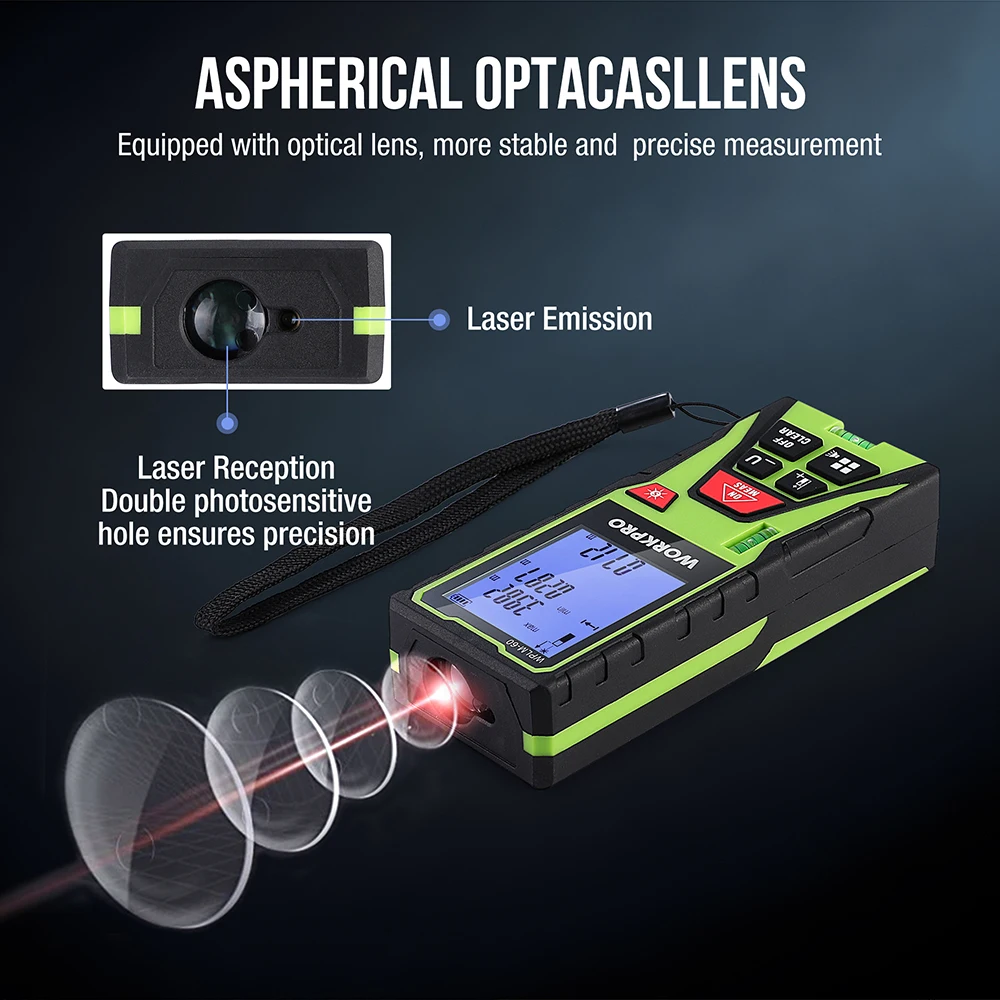 WORKPRO-Medição de Distância a Laser com 2 Níveis de Bolhas, Rangefinder Profissional, Metro Range Finder, 40m, 60m, 80m, 100m