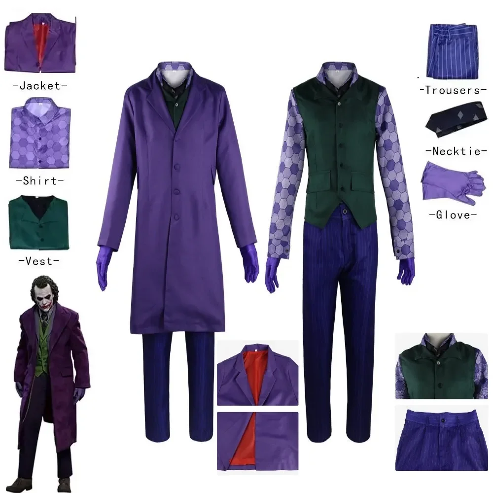 Clown Heath Ledger Cosplay Costume Purple Jacket Full Set Dark Knight Joker Clothing Halloween Party Uniform for Adult Men