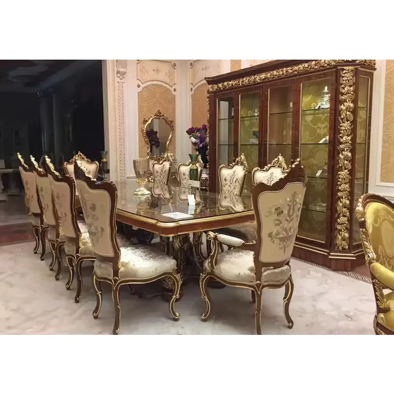 Luxury European Style Solid Wood Carved French Palace Luxury Restaurant, Shell Mosaic Dining Table Villa Furniture Customization