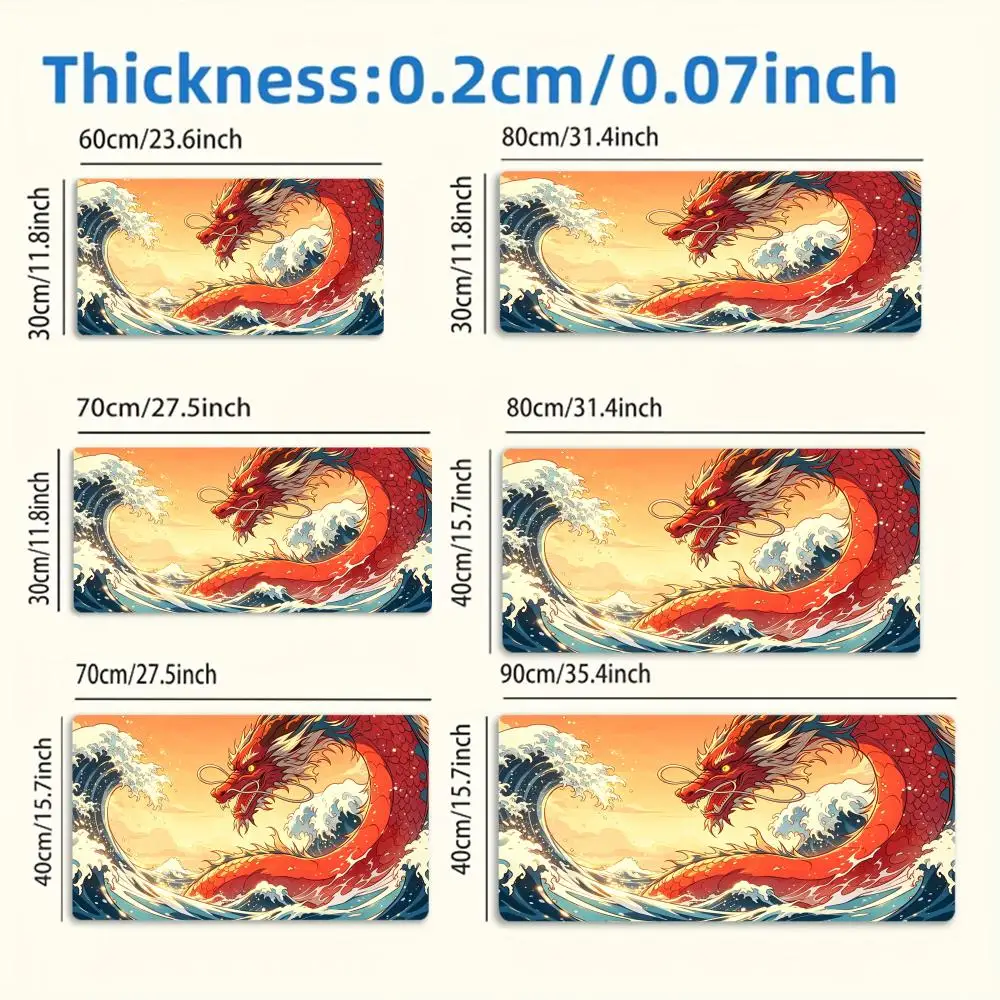 Traditional Oriental Red Dragon Wave Large Gaming Mouse Pad , Sunrise Sea Surf Non-Slip Stitched Edge Desk Mat view 4