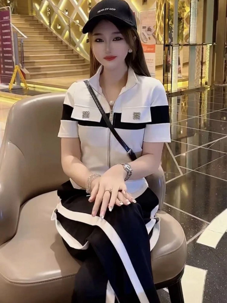 

Summer new casual short sleeved women's half sleeved stand up collar cardigan straight leg pants two-piece sports suit