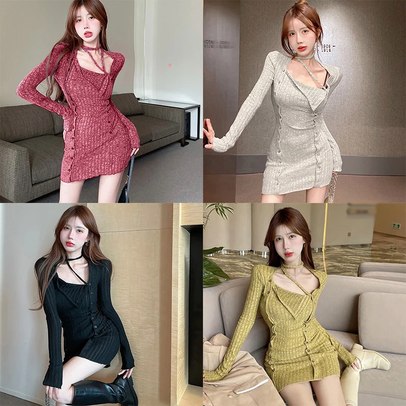 Women Neck Design Sense Long Sleeve Tight Dress Short Split Long Sleeve Base Shirt Top Spice Girl Party Wear Nightclub Summer