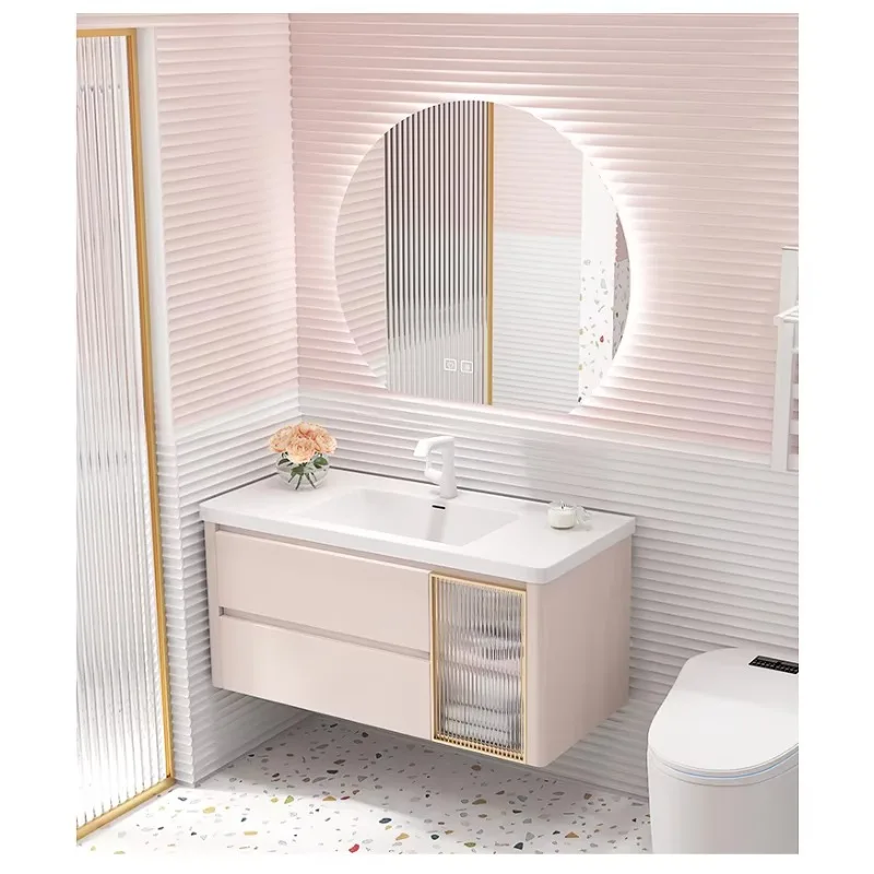 

Nordic pink modern minimalist wall-mounted bathroom cabinet solid wood with smart mirror bathroom vanity