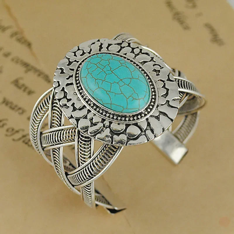 Vintage Ethnic Style Turquoise Bracelet for Women Open Wide Wrap Antique Silver Color Bangle Bracelets Boho Woman Accessories