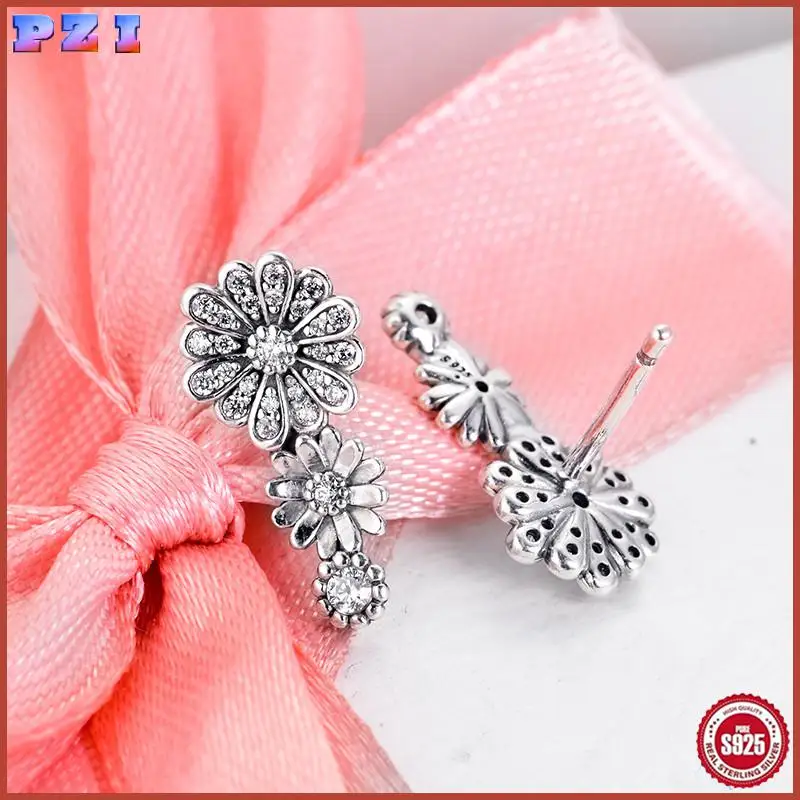 

925 Sterling Silver Sparkling Daisy Flower Trio with Clear Cz Stud Earrings Fits All European Jewelry For Women