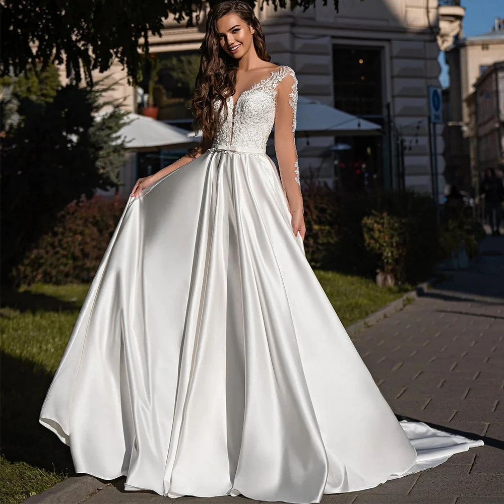 

Fashion Applique Wedding Dress Tulle and Satin A-Line Floor Length with Belt Bridal Illusion Long Sleeve Customized Gowns Robe