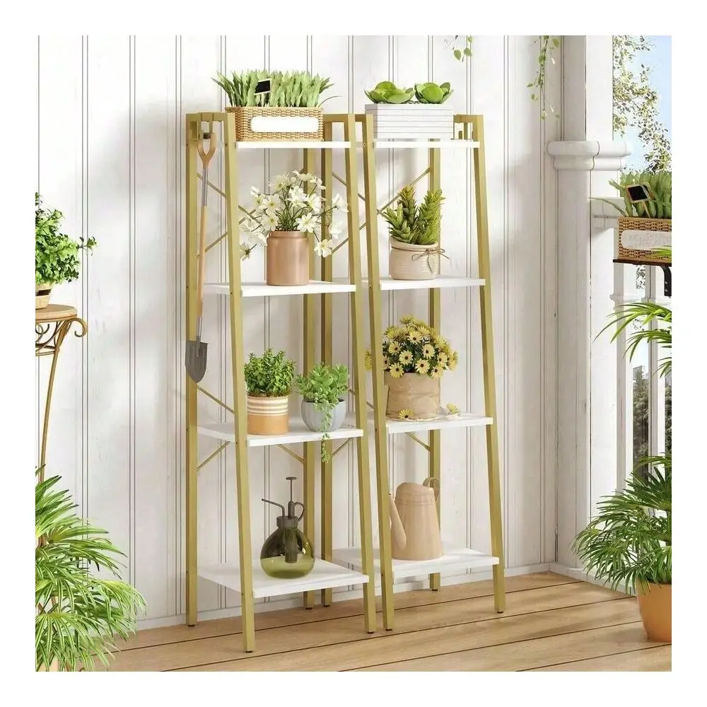 

5Tier Ladder Shelf, Bookshelf Bookcase, Freestanding Corner Storage Shelve With 2 Hooks Home Office, Living Room, Kitchen, Bedr