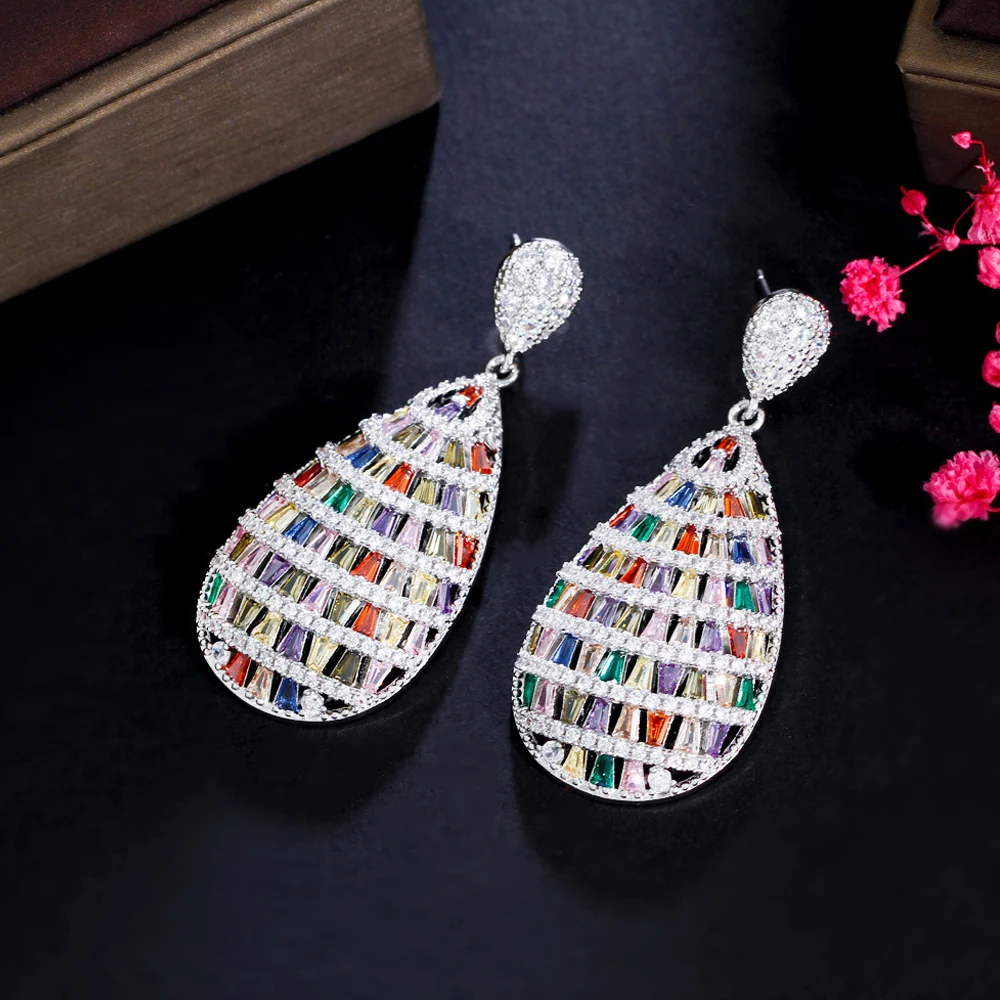 

ThreeGraces Luxury Multicolor Cubic Zirconia Silver Color Long Dangle Drop Earrings for Women Fashion Bridal Party Jewelry E1775