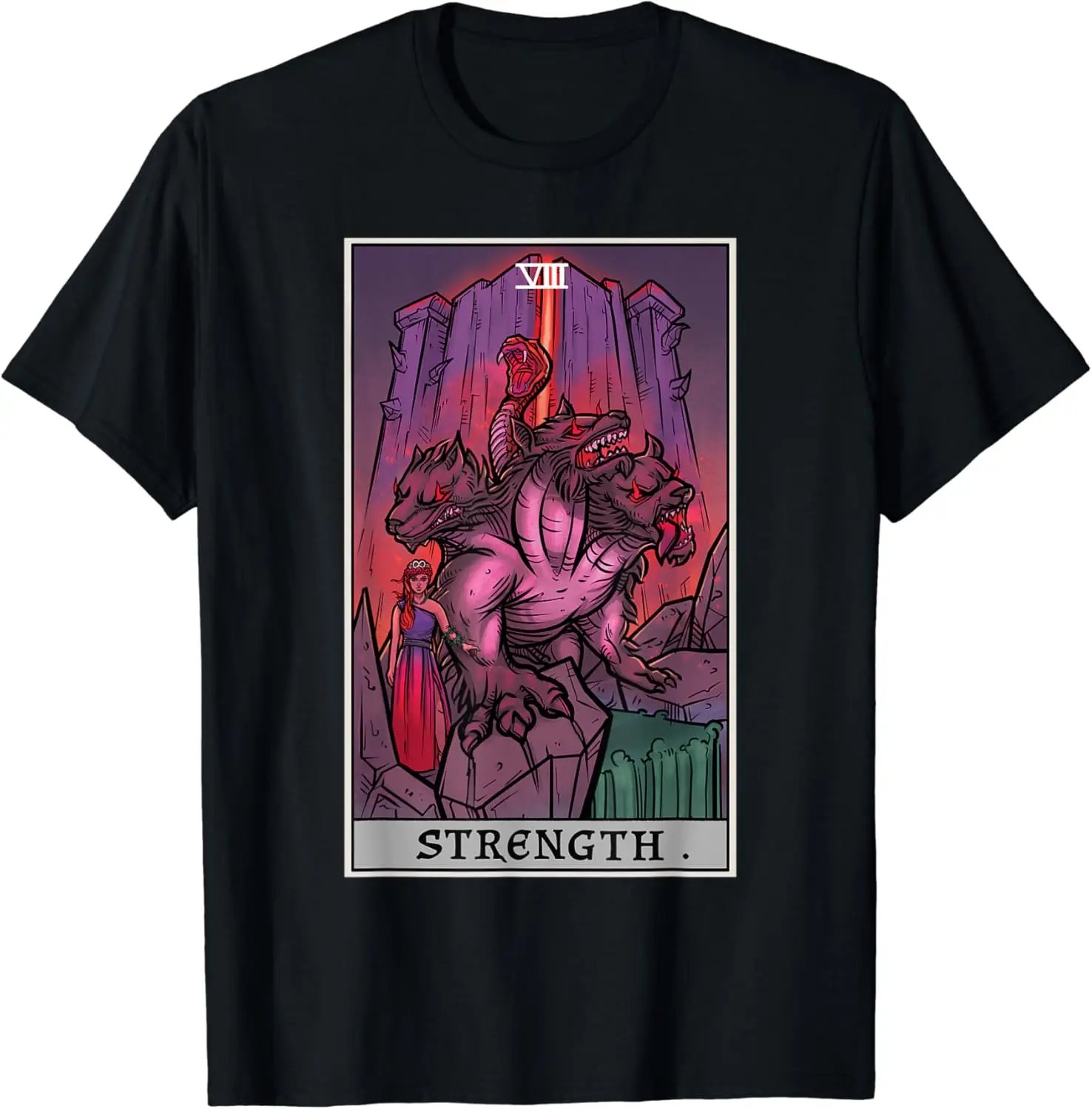 

Strength Tarot Card Halloween Cerberus Greek Mythology Witch T-Shirt Men's and women's short-sleeved T-shirts