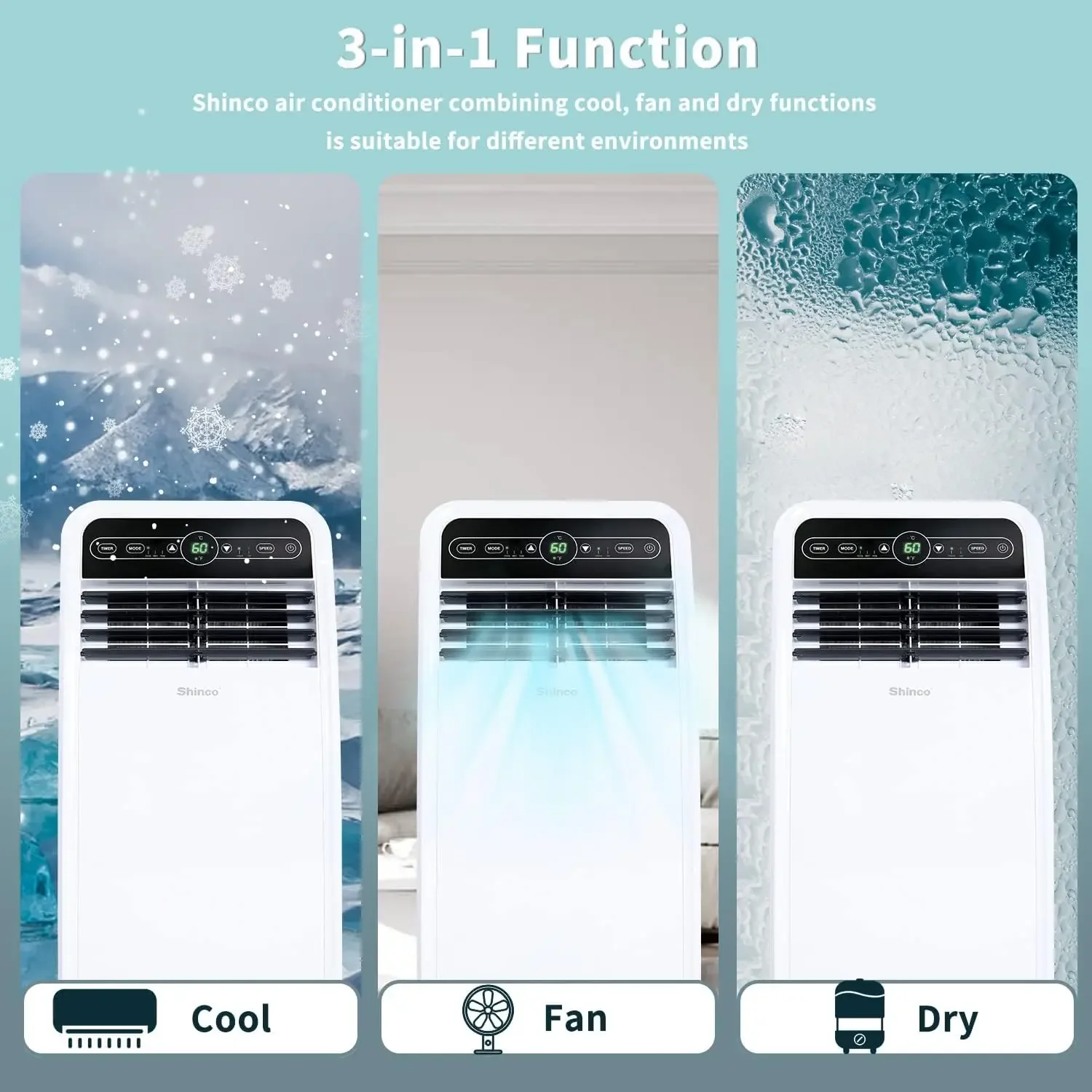 Portable Air Conditioner, AC Unit with Built-in Cool, Dehumidifier & Fan Modes for Room up