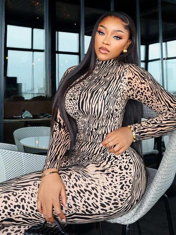 Kliou Sexy Leopard Print Jumpsuits Woman Autumn Trend Turtleneck Full Sleeve Skinny Peach Hip Hottie Street Wild Style Overalls