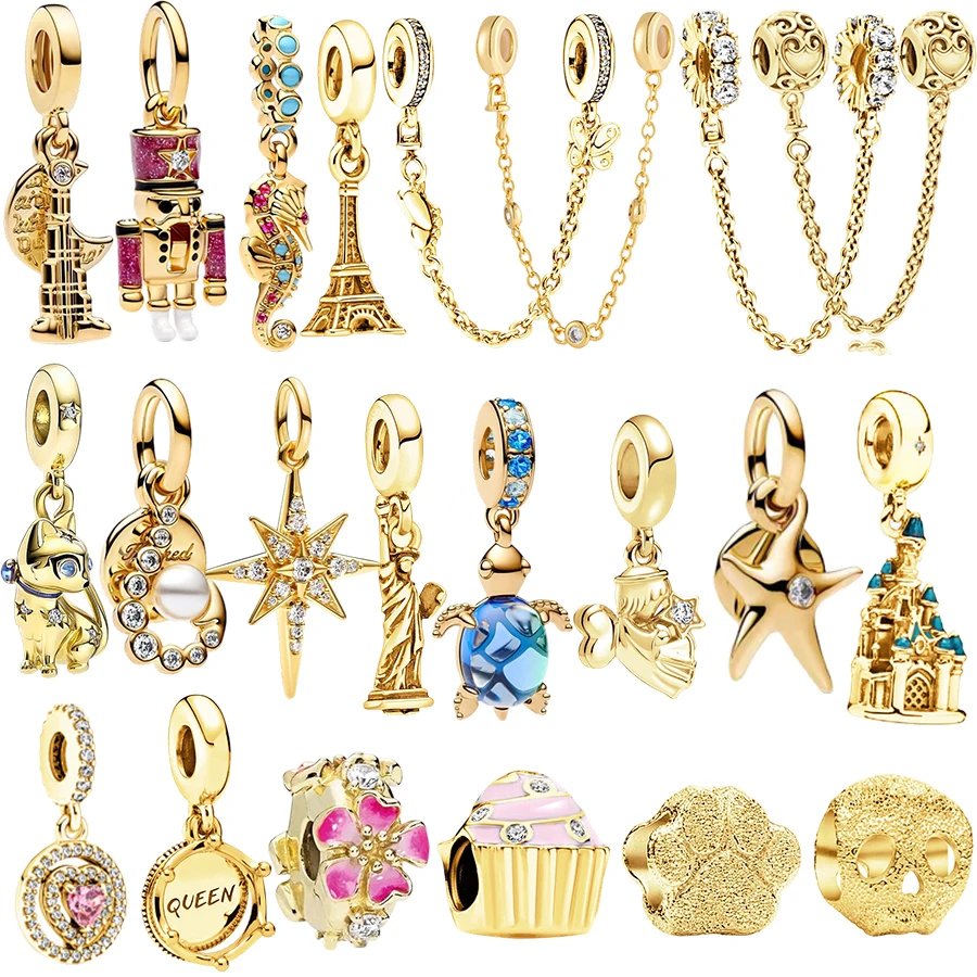 

New Gold Plated DlY Sunrise Medallion、Seahorse Dangle、Butterfly Safety Chain Charm Bead Fit Original Silver Bracelet DIY Jewelry