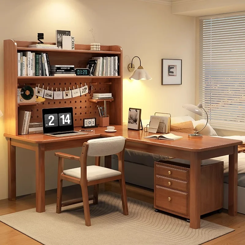 Modern 7-Character L-Shape Solid Wood Corner Desk Integrated Bookshelf Table Hole Board For Home Office Bedroom Computer Setup