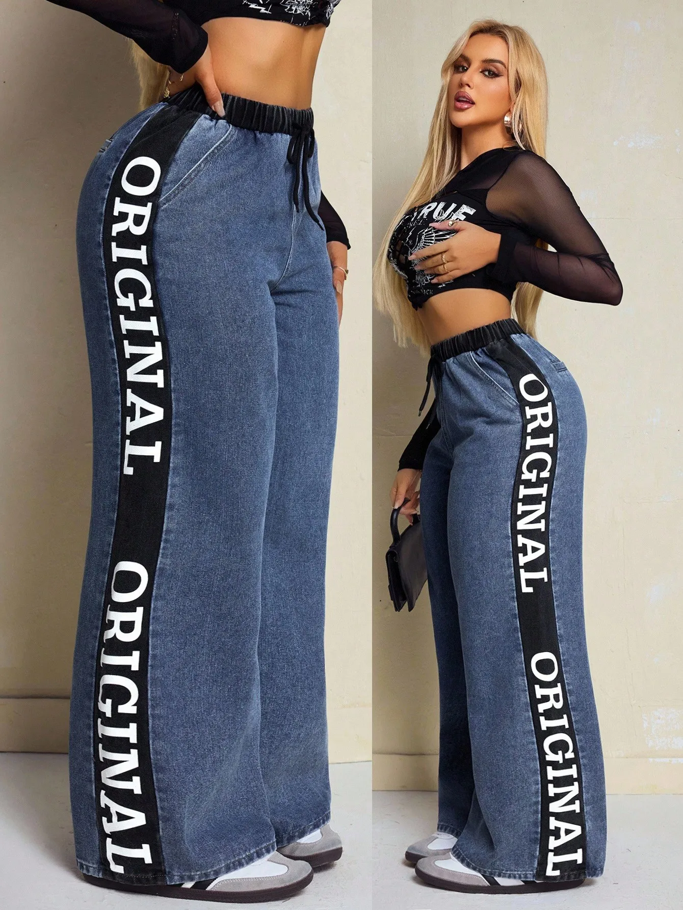 

Женские джинсы с широкими штанинами, боковым принтом-надписью и завязками на талии, повседневный свободный крой