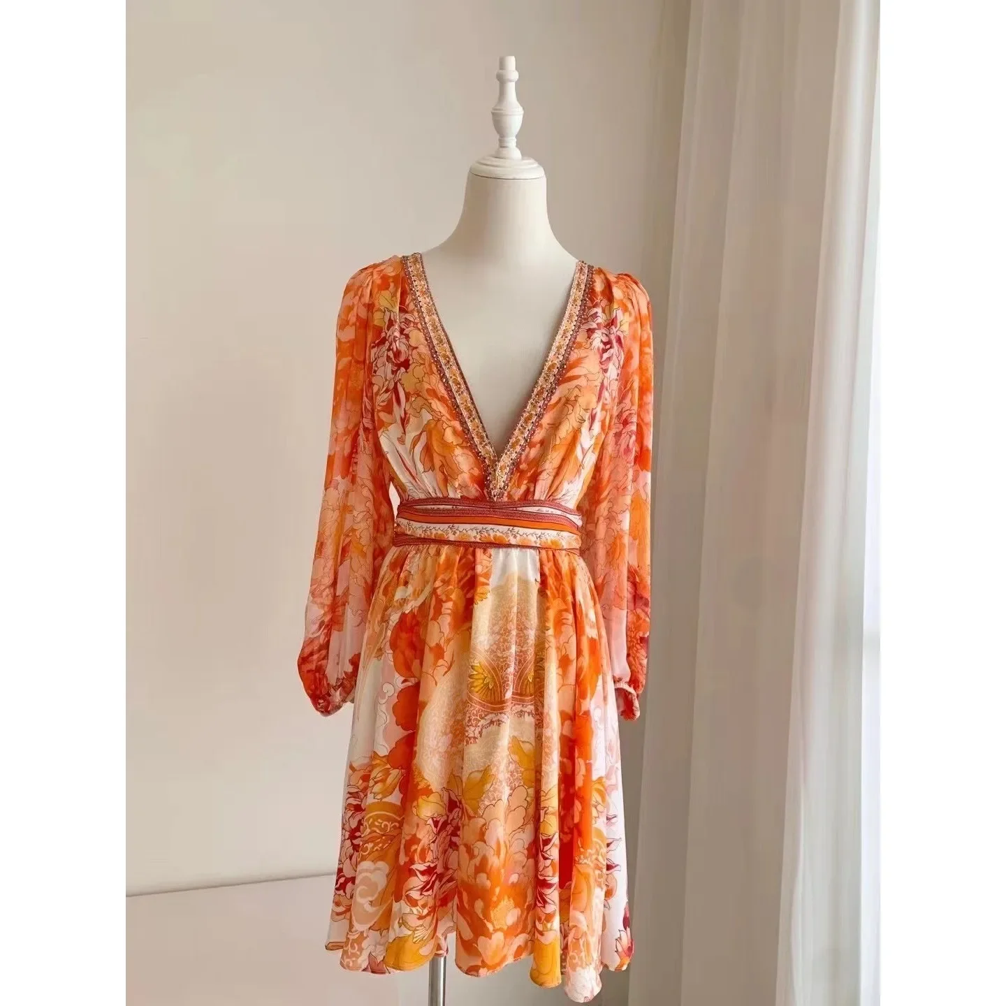 

Women Deep V-Neck Dress Beaded Flower Printed High Waist Long Sleeve Holiday 100% Silk Mini Robe