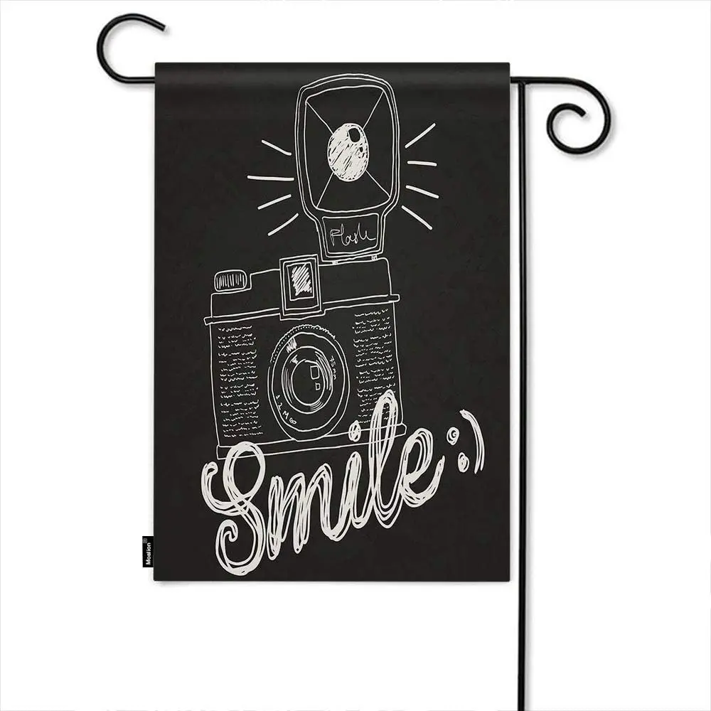 Moslion Camera Garden Flag Retro Black White Camera Smile Word Home Flags 12x18 Inch Double-Sided Banner Welcome Yard Flag Outdo