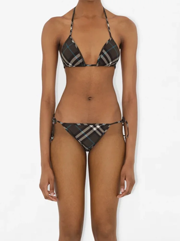 高級ブランドデザイン 三角ビキニセット チェック柄水着 レースアップ バックレス タイサイド セクシー ツーピース 2025 レディース水着 タンキニ