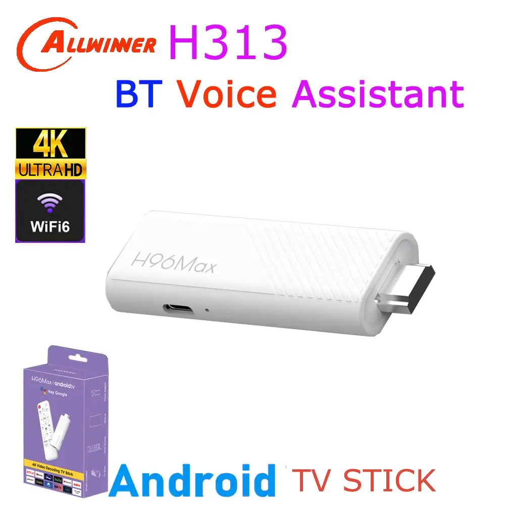

H96 Max H313 Android TV Stick Allwinner Quad Core 4K Wifi6 BT с голосовым помощником, пультом дистанционного управления, игровым медиаплеером и функцией Smart TV Box