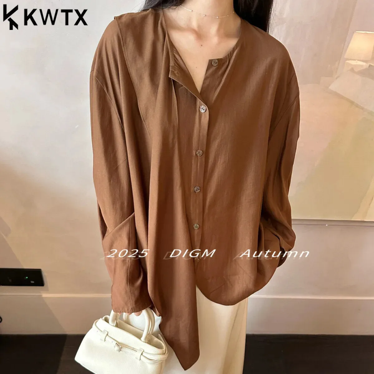 

KWTX Loose Shirt Women, Casual Shirt Women, Round Neck Blouse, Elegant Tie Detail Top, Designer Relaxed Fit Blouse,Fashion Shirt
