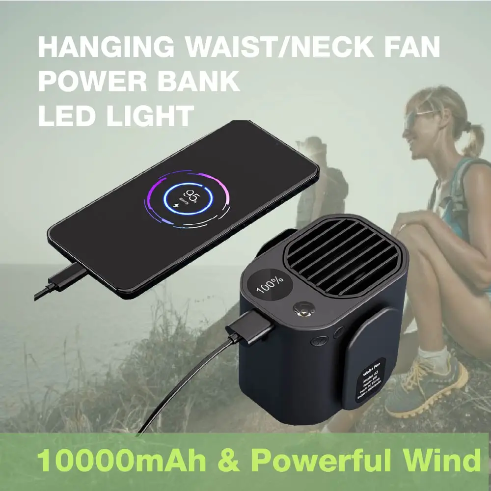 10000mAh Waist Hanging Fan Neck Hanging Fan Outdoor Worker Portable Fan With Power Bank 5V 2A