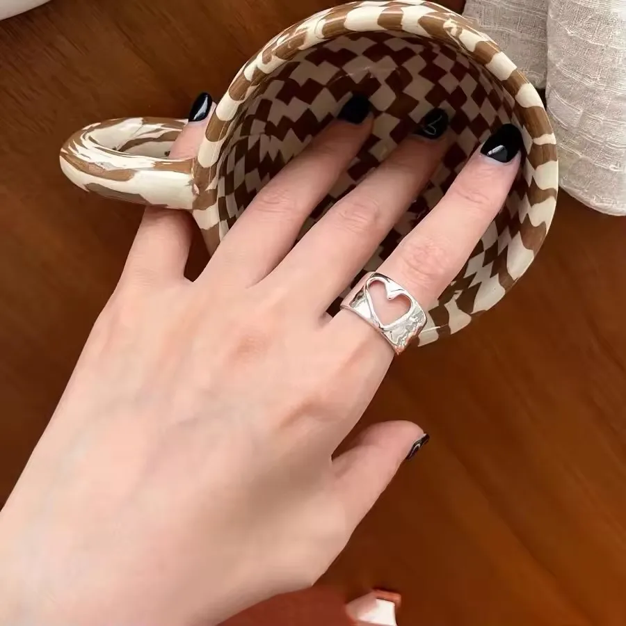 925 Sterling Silver Rings For Women Open Minimalist Retro Heart Ring Creative Anillos Bague Fine Jewelry