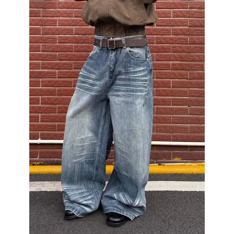 American Retro Loose High Waist Washed Faded Jeans Women Crease Whisker Floor Length Jeans Y2k Vintage Chic Spring Casual Daily