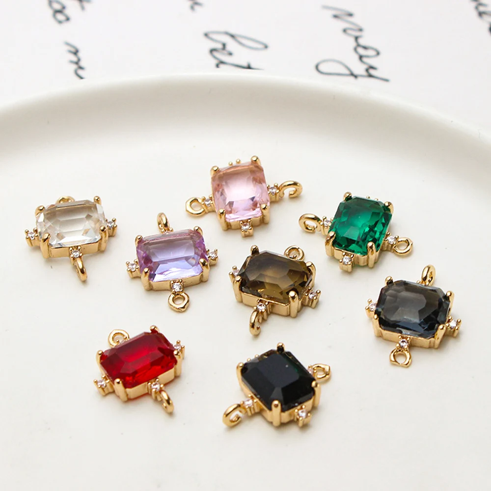 10pcs/ Bag Copper set zircon glass crystal side rectangular double pendant pendant DIY earring bracelet necklace accessories