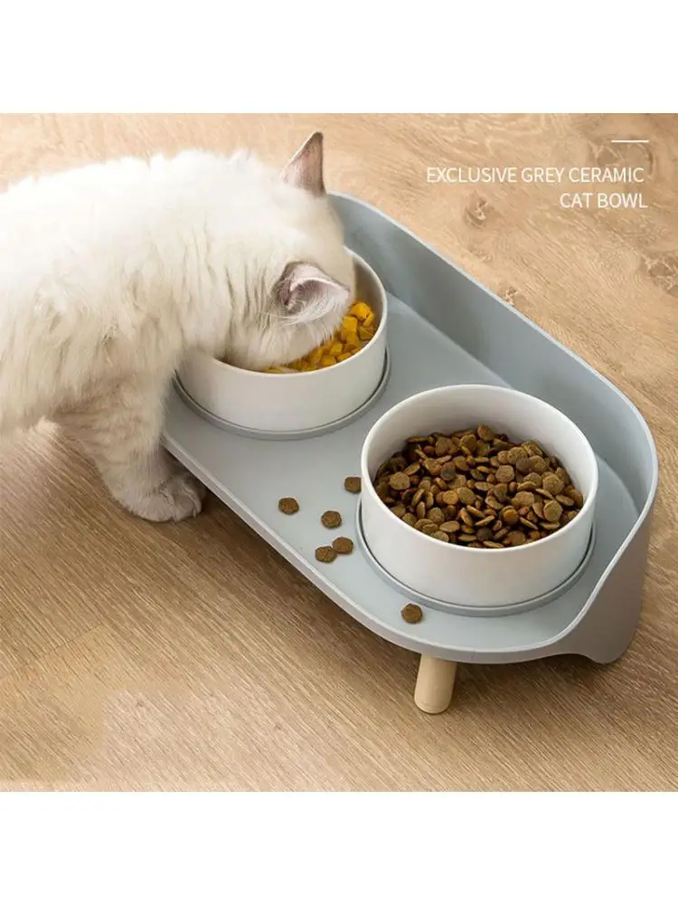 

Ceramic Double Bowl Anti-overturning Cat Food Bowl Detachable Elevated Rice Bowl Pet Bowl