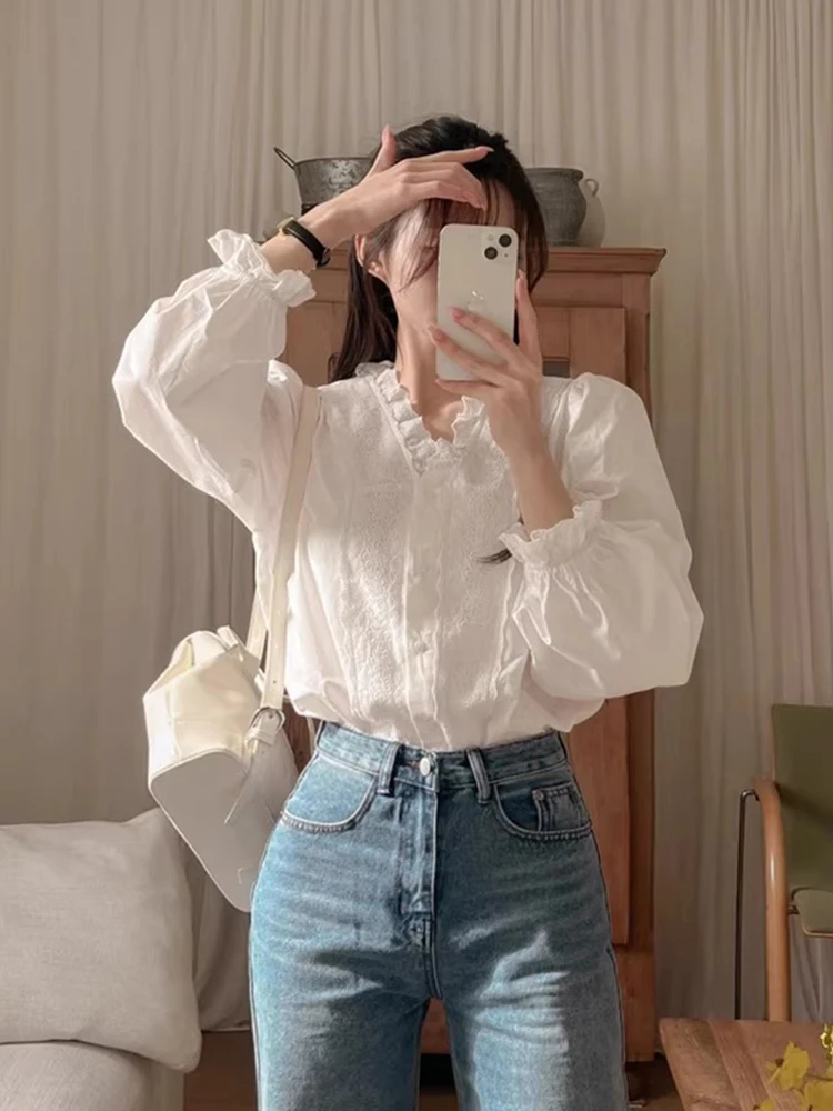 Csa con adorno de encaje dulce para mujer, nuevo estilo de primavera, manga de burbuja, Top de Color puro, corte hoado, ...