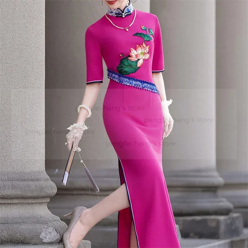 

Длинное платье Cheongsam с вышивкой и цветком большего размера 3Xl 4Xl 5Xl, улучшенное платье Ципао в китайском стиле, платье с короткими рукавами, Vestidos с разрезом