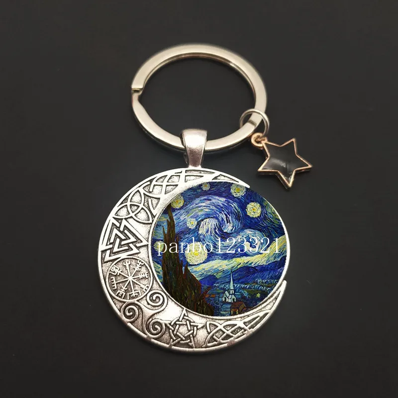 Van Gogh Art Master Oil Painting Keychain Art Glass Cabochon Jewelry Starry Night Sky Sunflower Pendant Ladies Lover Girl Gift