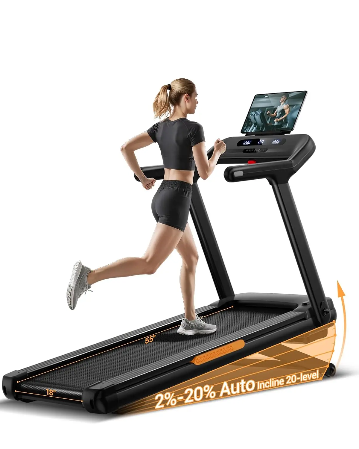 Heavy Duty Treadmill 20% Auto Incline, 4.0HP Quiet Brushless Machine 400 LBS, 55
