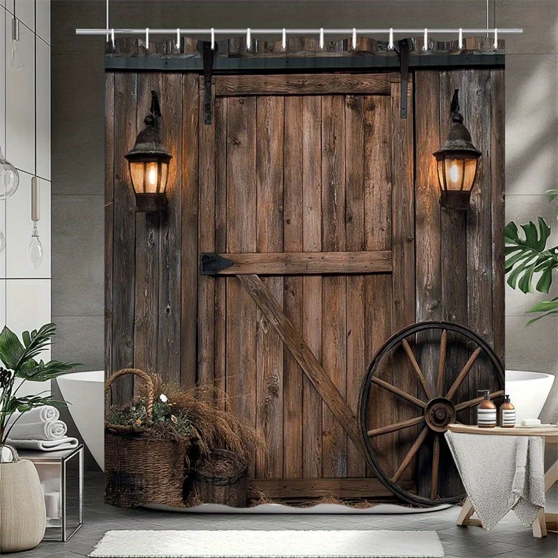 1pc Rustic Barn Door Shower Curtain Wooden Planks Vintage Lanterns Wagon Wheel Wheat Basket Home Bathroom Decorative Curtains Mo