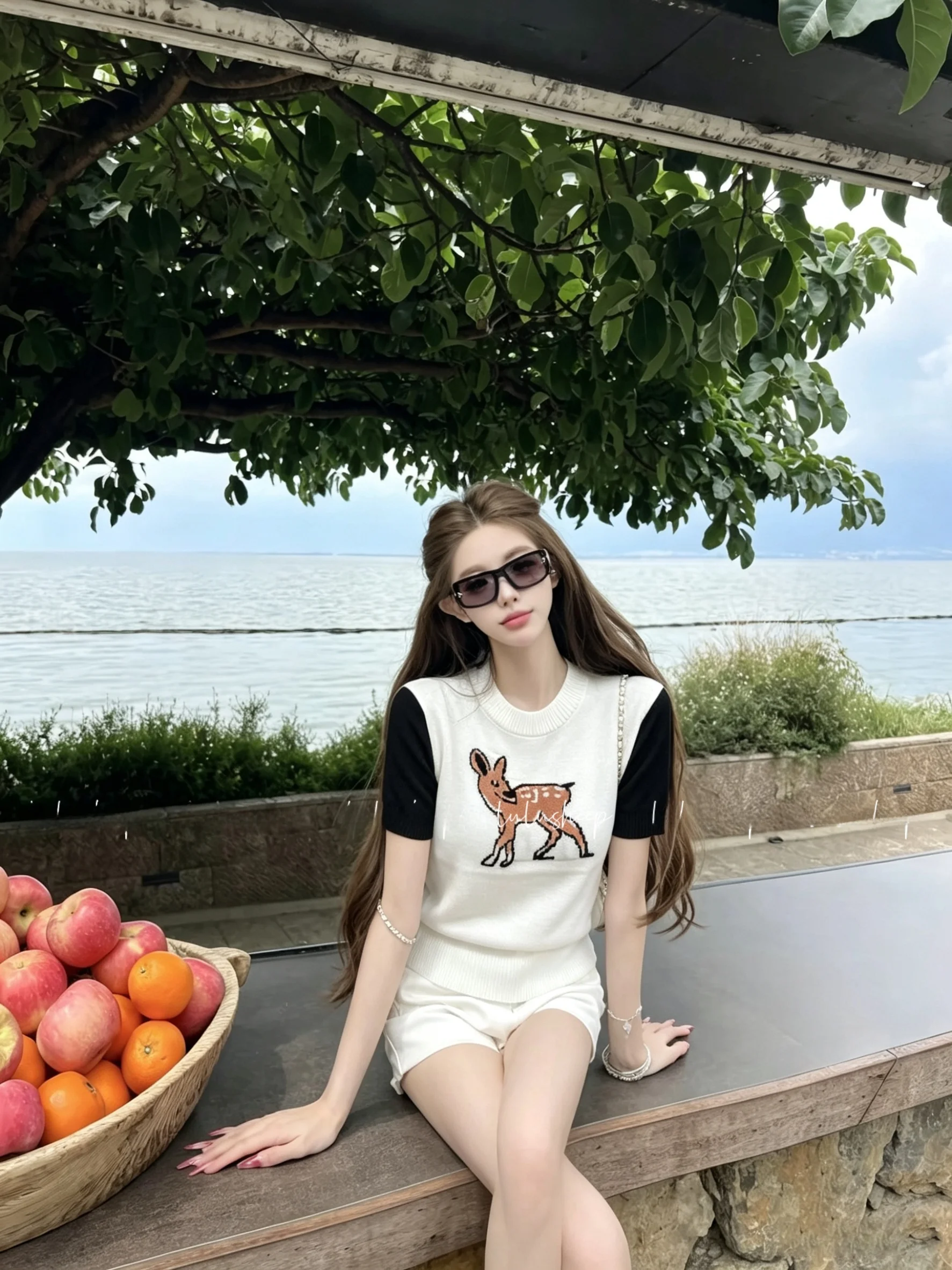 

Princess Style Spot Deer Knitted Slim Fit Short Sleeve round Neck T-Shirt Breathable Lightweight Summer Top for Women
