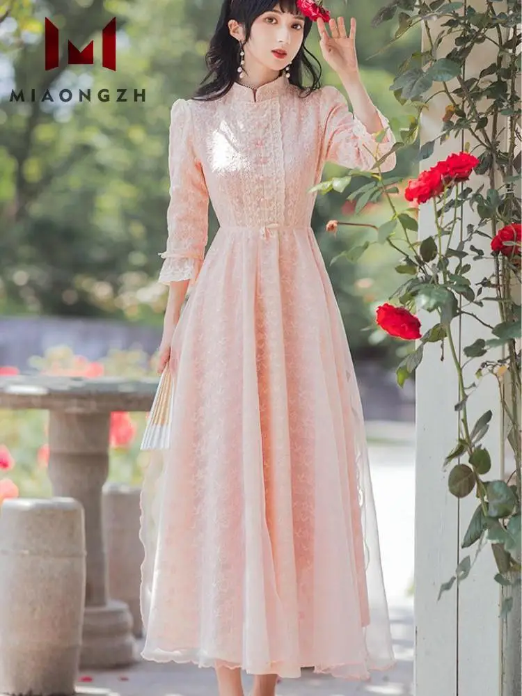 

2023 Autumn Embroidery Patchwor Lace Dress Women's Half High Collar Three Quarter Temperament Mid-Length Dresses Female Fashion