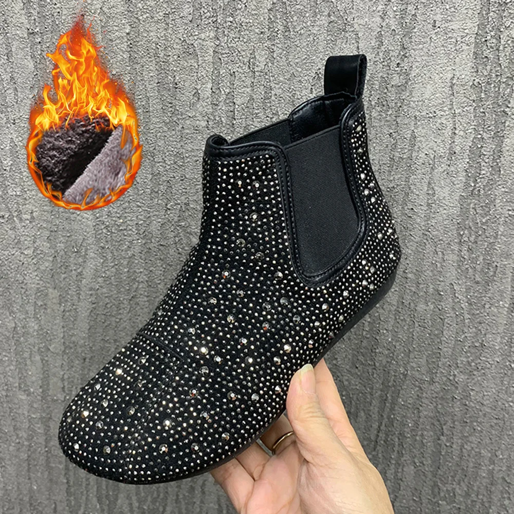 Fashion Rhinestone Women Boots Autumn/Winter Ankel Boots Warm Fur Snow Boots Plus Size AntiSlip Flats Boots Casual Women Shoes