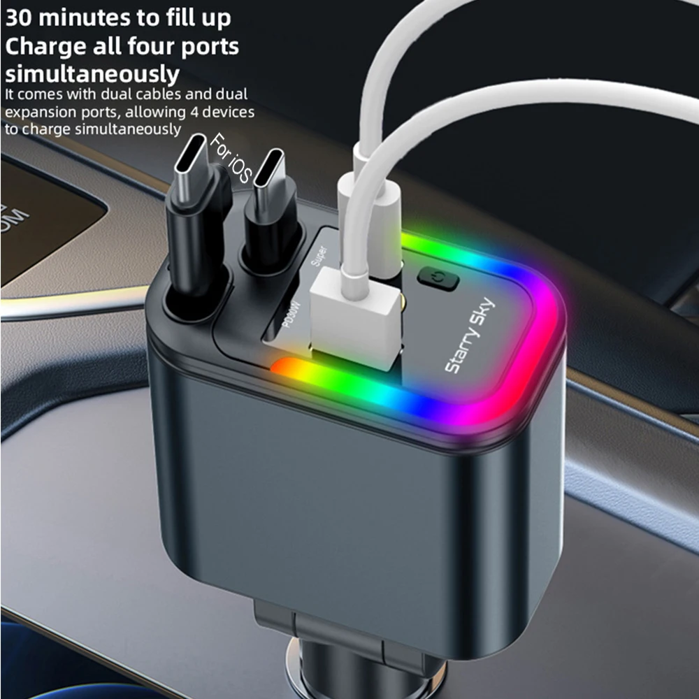 KEBIDUMEI 5-IN-1 Car Charger with Starry Sky Lamp USB Type-C Fast Charging Power Adapter Cable Retractable 180W Phone Chargers