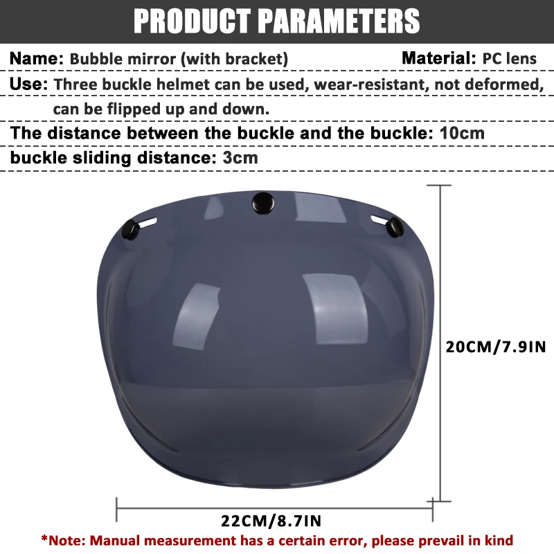 Lente de casco de motocicleta, espejo de burbuja, visera de protecocide solar, 3 snap, seguridad de vuelo Retro, antideslumbrante
