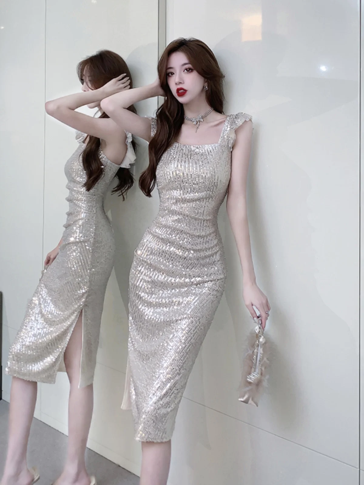 Ele High-End Sequin Slim Fit Eén schouder Dr Avondjurk Koreaanse Sle Pendelen Pure Kleur Hoge Taille Midi Rok