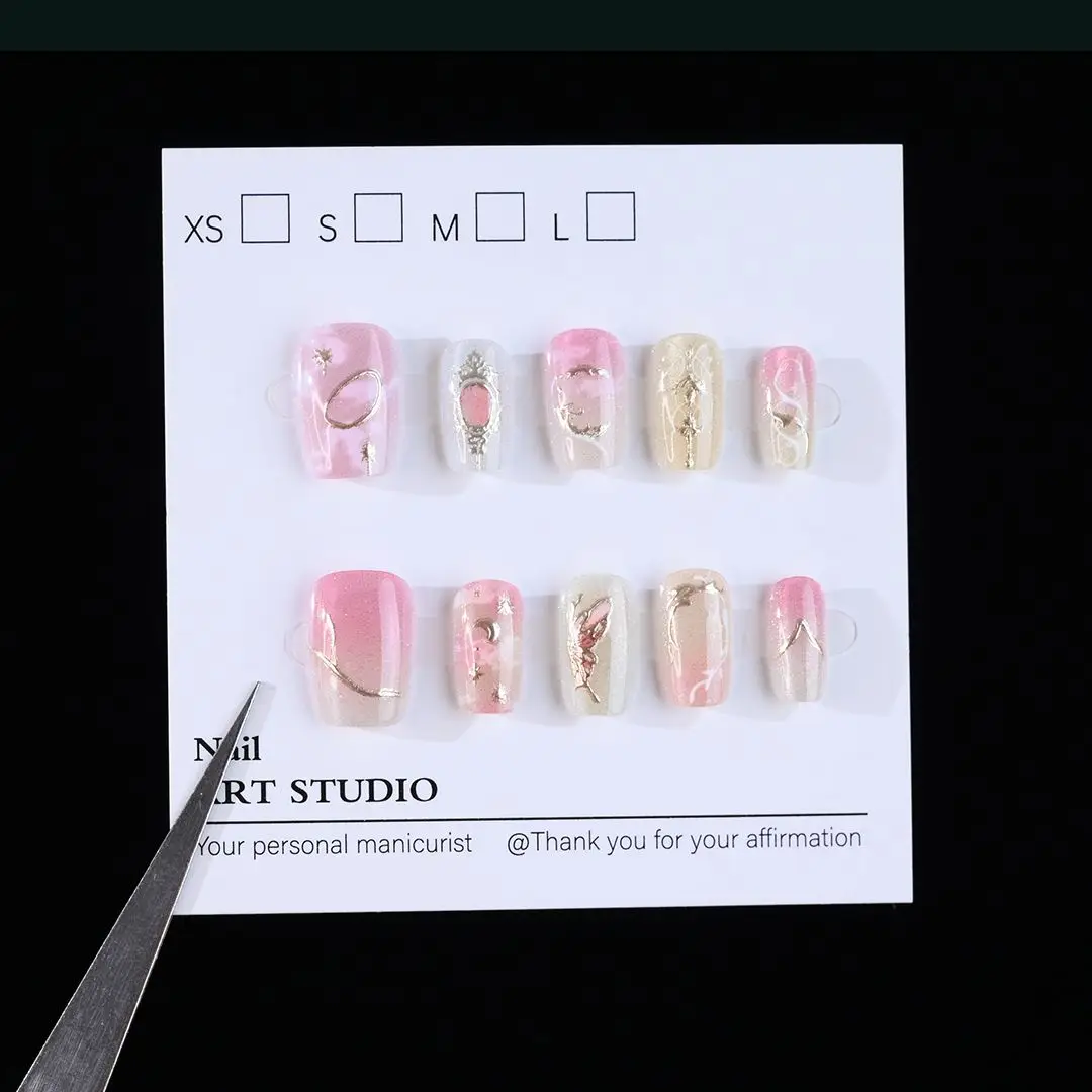 10 قطعة النساء والفتيات قصيرة النمط الفرنسي اضغط على الأظافر الأظافر كاذبة القط العين فراشة تصميم غطاء كامل انفصال مسمار نصائح