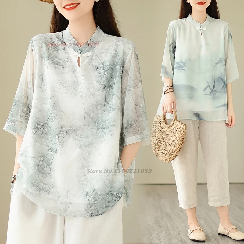 

2024 chinese vintage loose blouse national flower print stand collar blouse traditional improved ethnic blouse retro hanfu tops