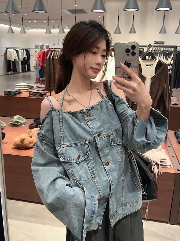 Korean style Vintage Off Shoulder Denim Coat Women Spring Single Breasted Long Sleeves Jacket All-matched Female Tops