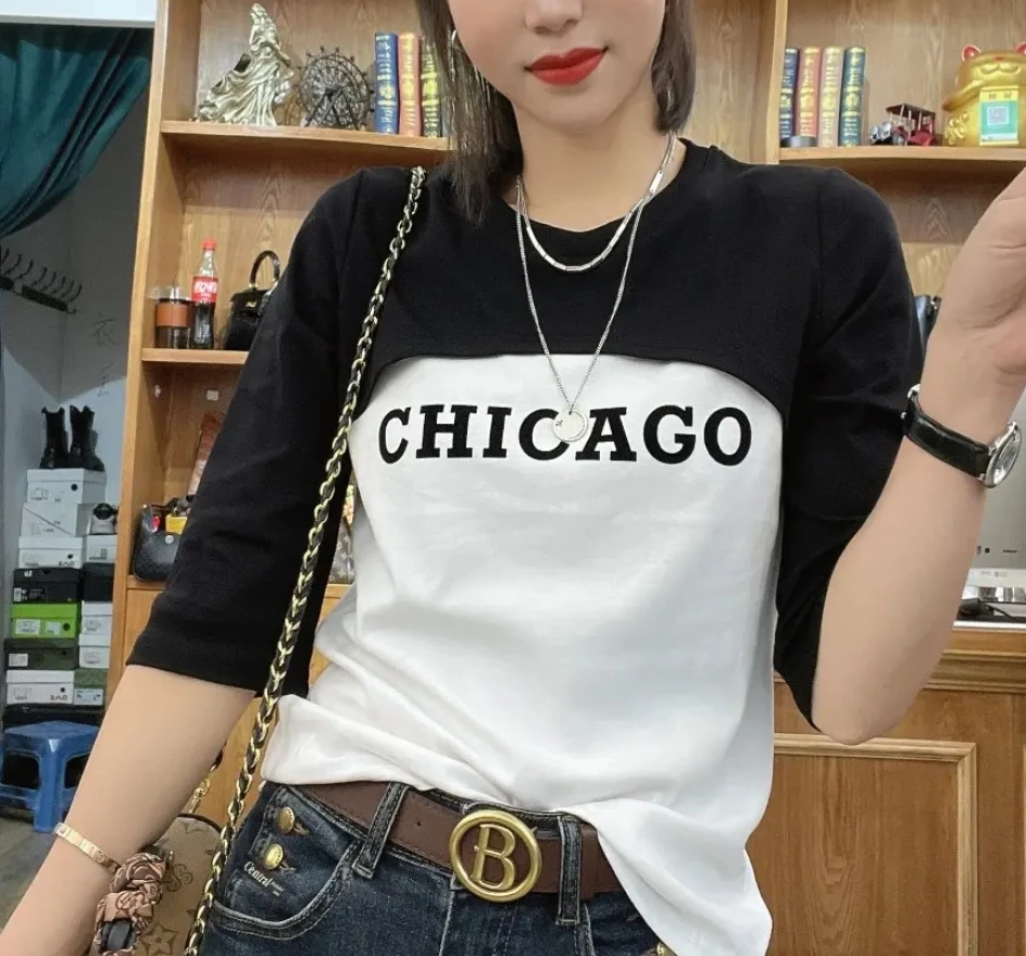 

Футболка больших размеров 300 Pou Extra Large Design Sense Splice Mid Sve Base irt, женский весенне-летний новый топ для похудения