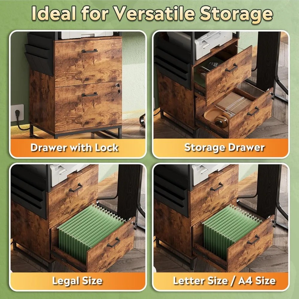 خزانة ملفات قابلة للقفل بدرجين مع قاعدة شحن ورف وخطافات قابلة للتعديل للمكتب المنزلي