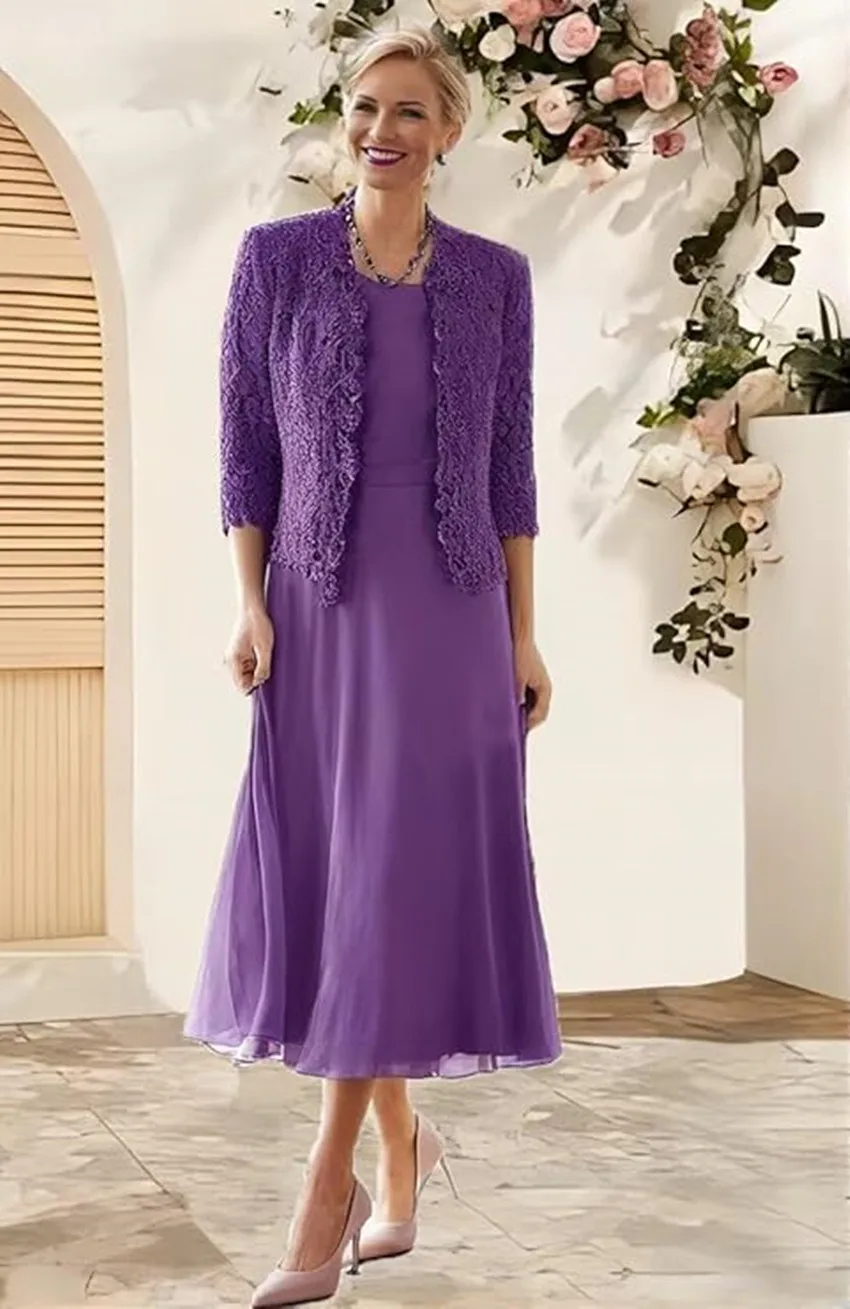 

Customized 2 Pieces Mother Of The Bride Dresses 3/4 Sleeve Lace Appliques With Jacket A Line Formal Evening Dresses for Women