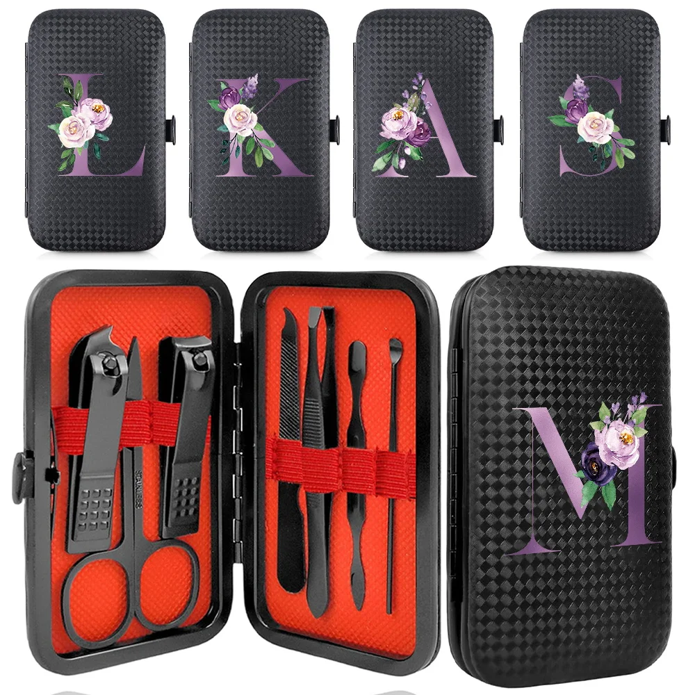 Aço inoxidável portátil Kit Cortador de Unhas, Nail Clippers Organizer Set, Ferramentas de Manicure e Pedicure, Purple Letter Pattern Case, 7 PCs