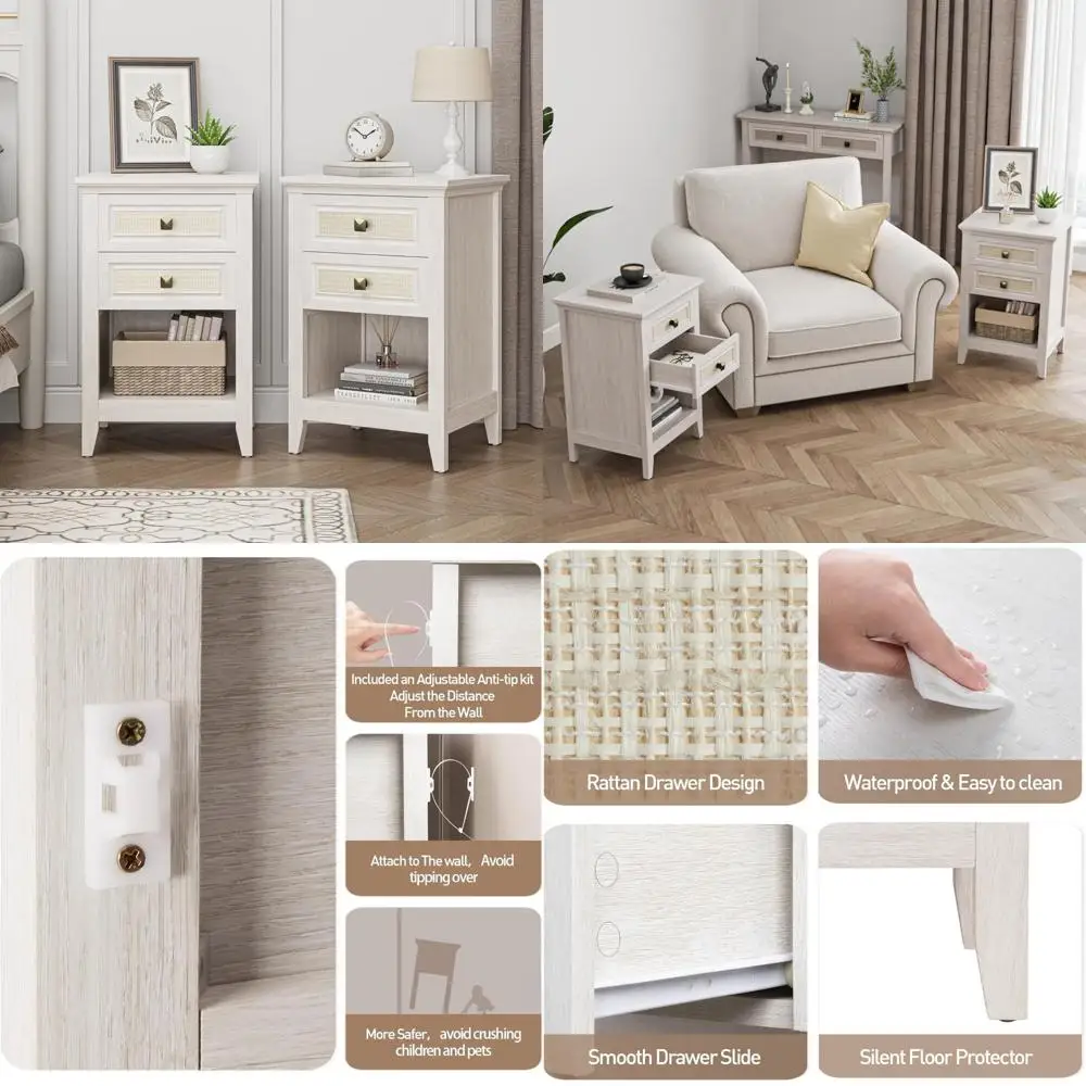 pair of white rattan nightstands with drawers - boho style 27
