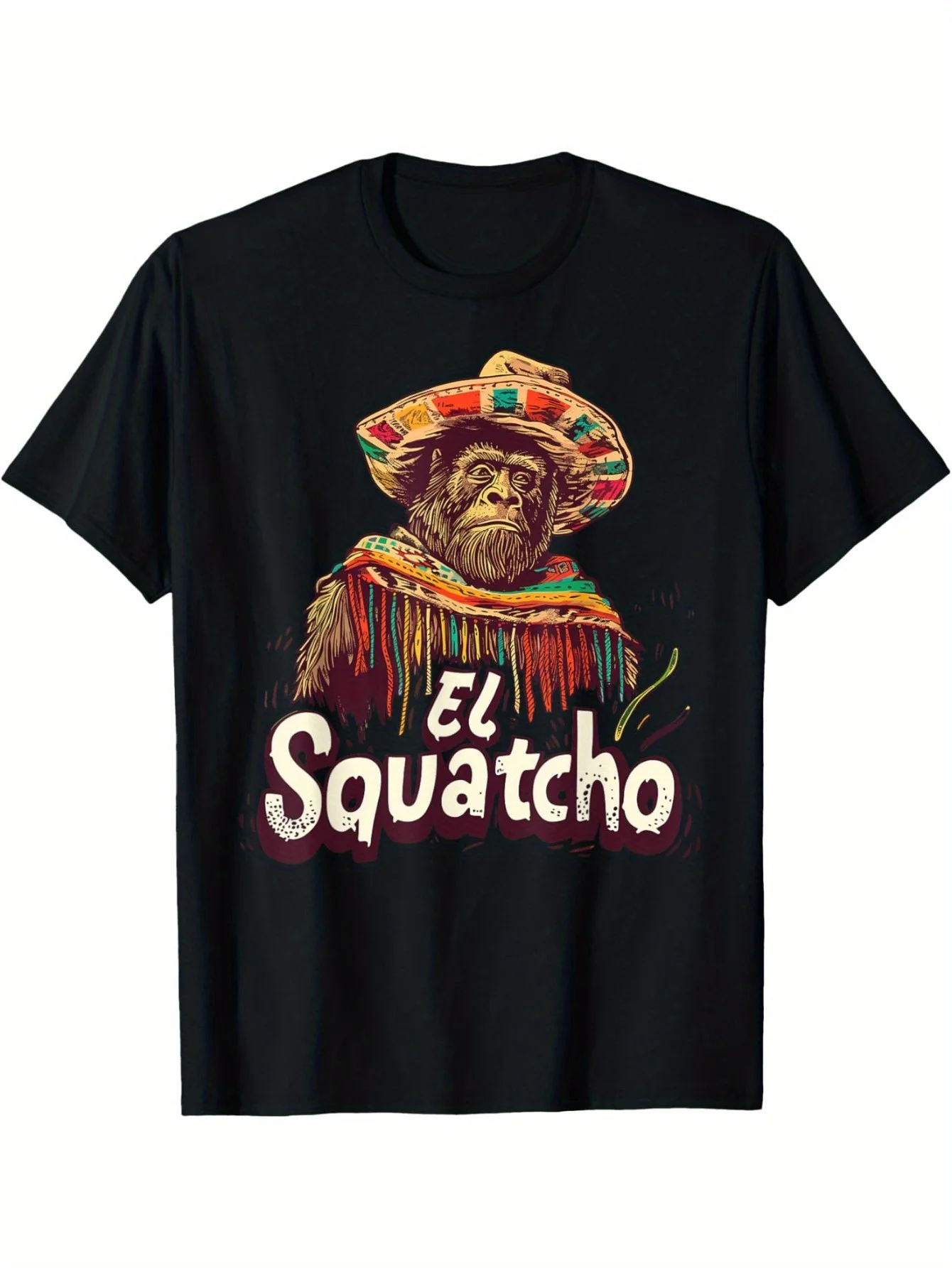 

Men's Black El Squatcho Poncho Tee, Cotton Sasquatch Design Graphic Tee