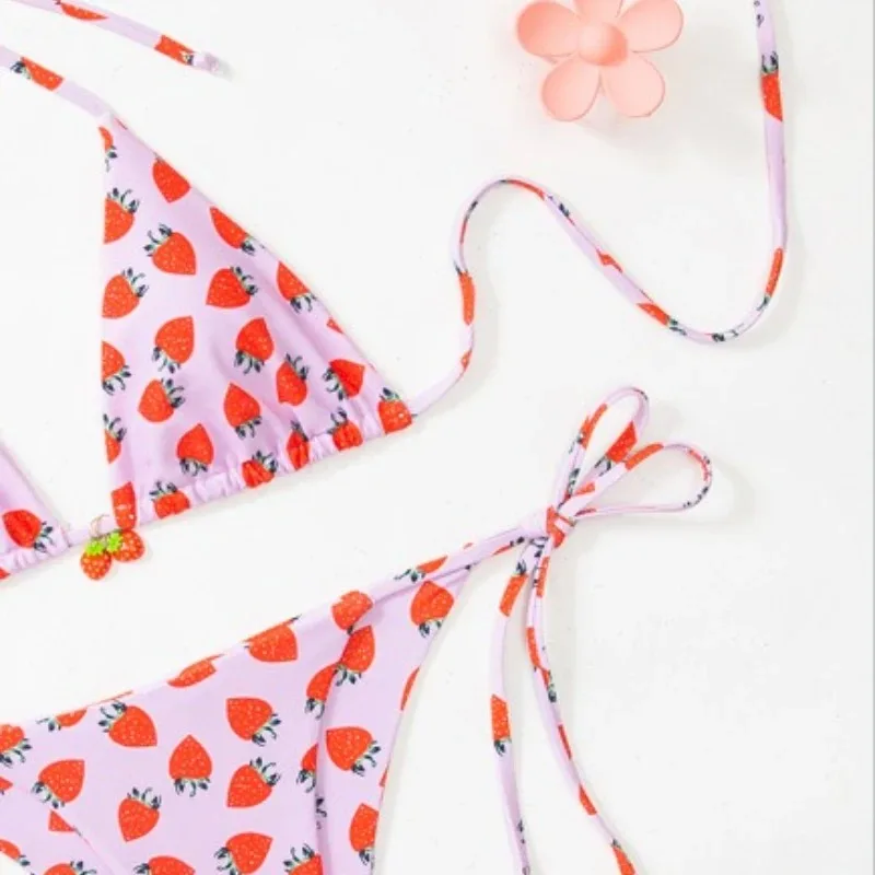 Cute Strawberry Swimsuit Hot Spring Vacation Strawberry Swimwear Two Pieces Print Pink Strawberry Sexy Beach Bikini