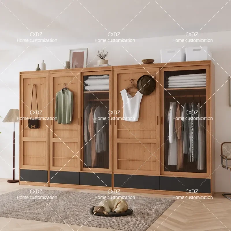 North American Cherry Wood Sliding Door Wardrobe Nordic Simple Glass Solid Wood Combination Closet for Home Bedroom Storage
